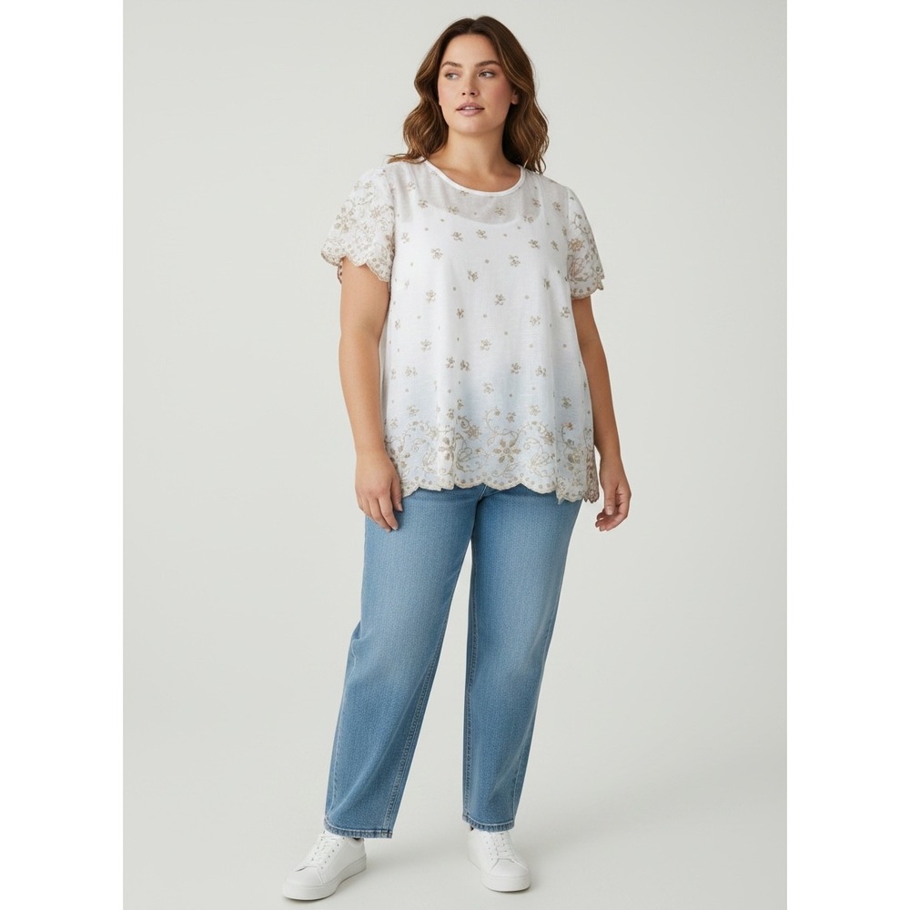 Lane Bryant White Tan Floral Embroidered Eyelet Scallop Blouse Top 22/24 Plus